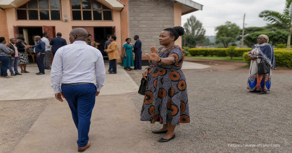 An adult Kenyan woman closes an unwanted approach while the other adult respects distance