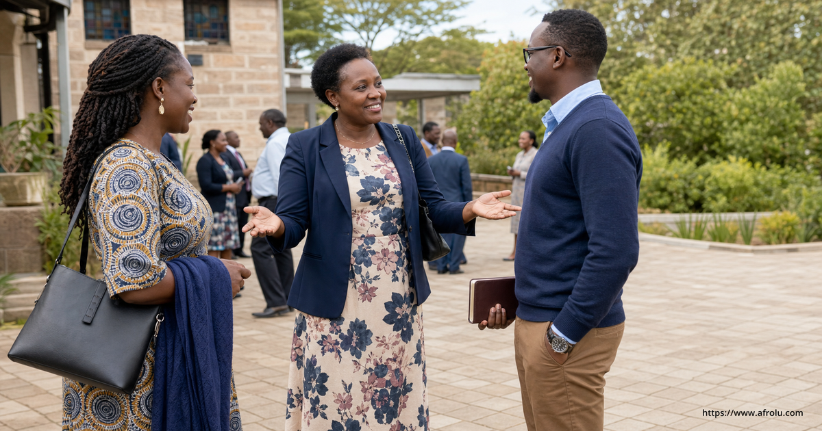 Three adult Kenyan community members make a warm, consent-first introduction in a public courtyard