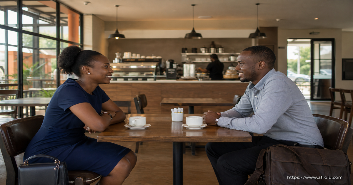 Two adult Kenyan singles hold a short first conversation at a staffed public cafe