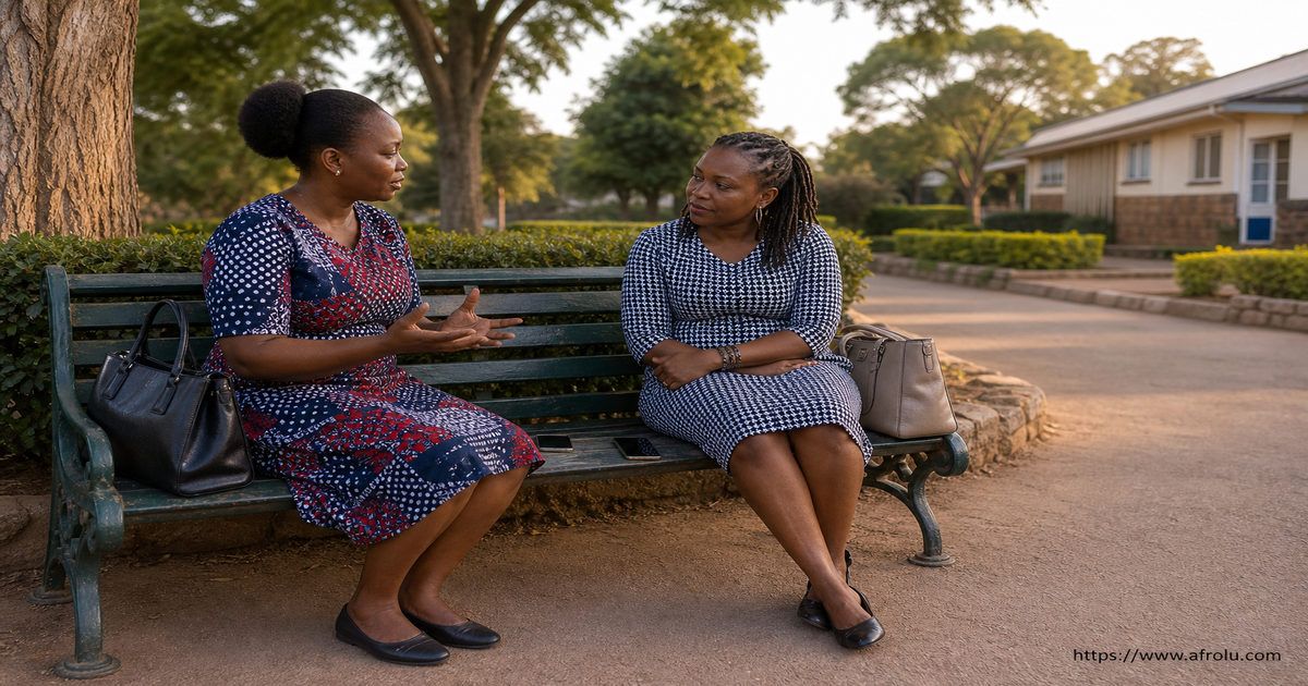Two adult Kenyan women debrief a community introduction without exposing private messages