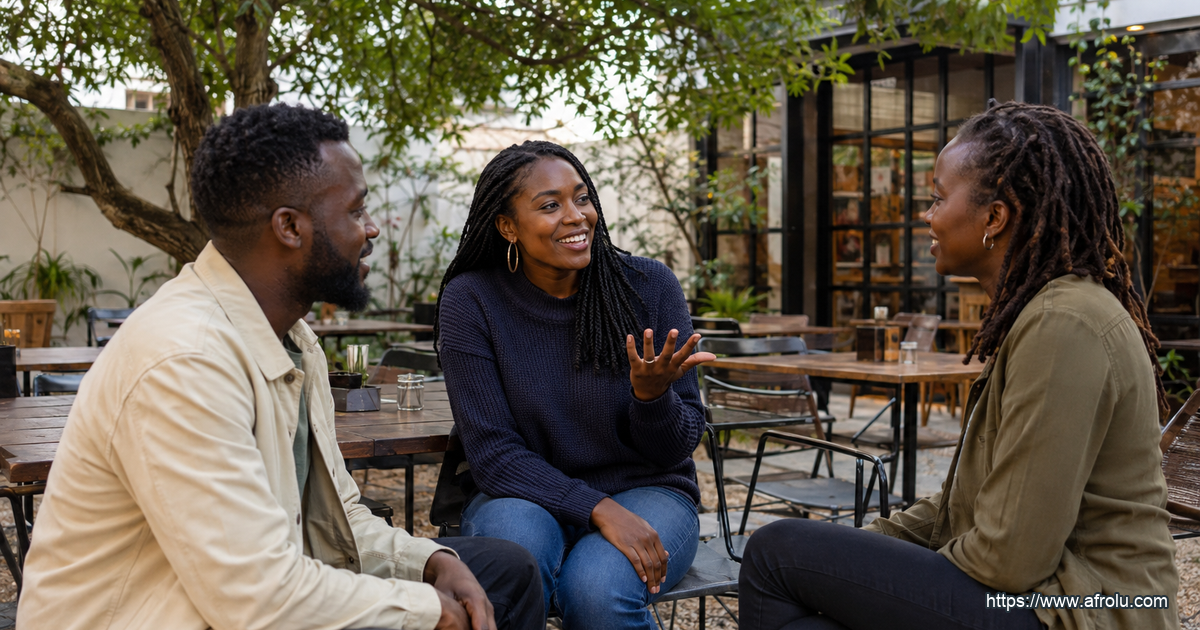Three adult Kenyan friends share a relaxed introduction at a public cafe