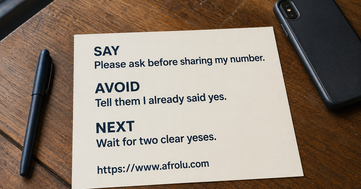 A readable conversation card for consent before a friend shares contact details