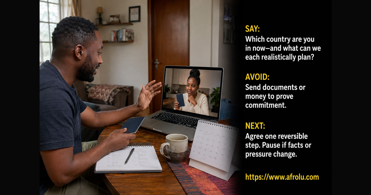 Two eligible Kenyan adults on a video call use a say avoid and next script to plan one reversible cross-border step