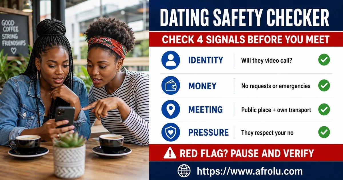 Dating safety checker for identity, money, meeting, and pressure signals