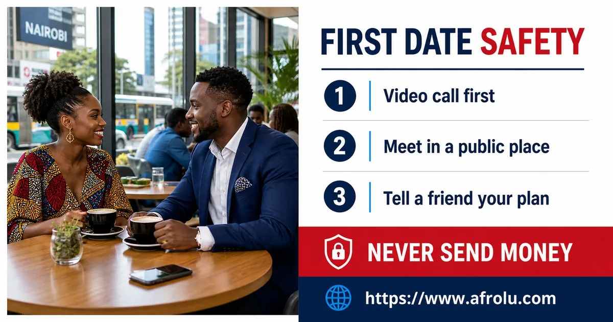 First-date safety checklist for a video call, public meeting, trusted contact, and no-money rule