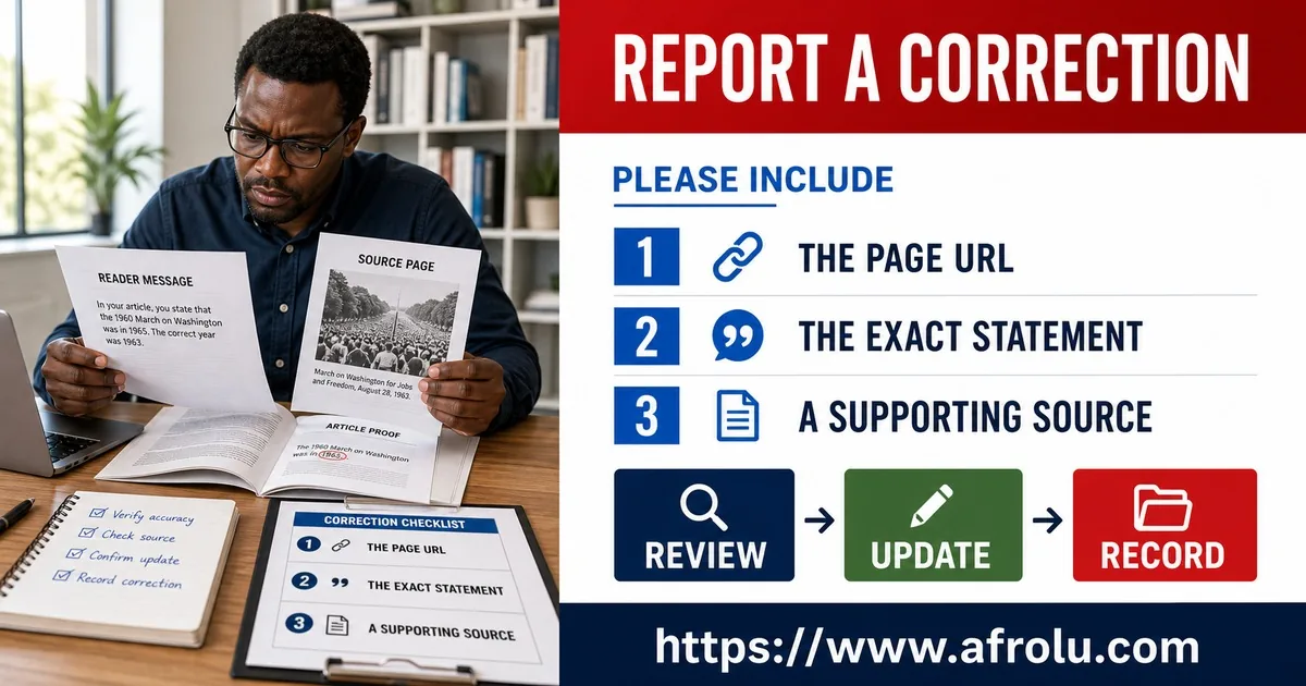 Correction checklist requesting the page URL, exact statement, and a supporting source
