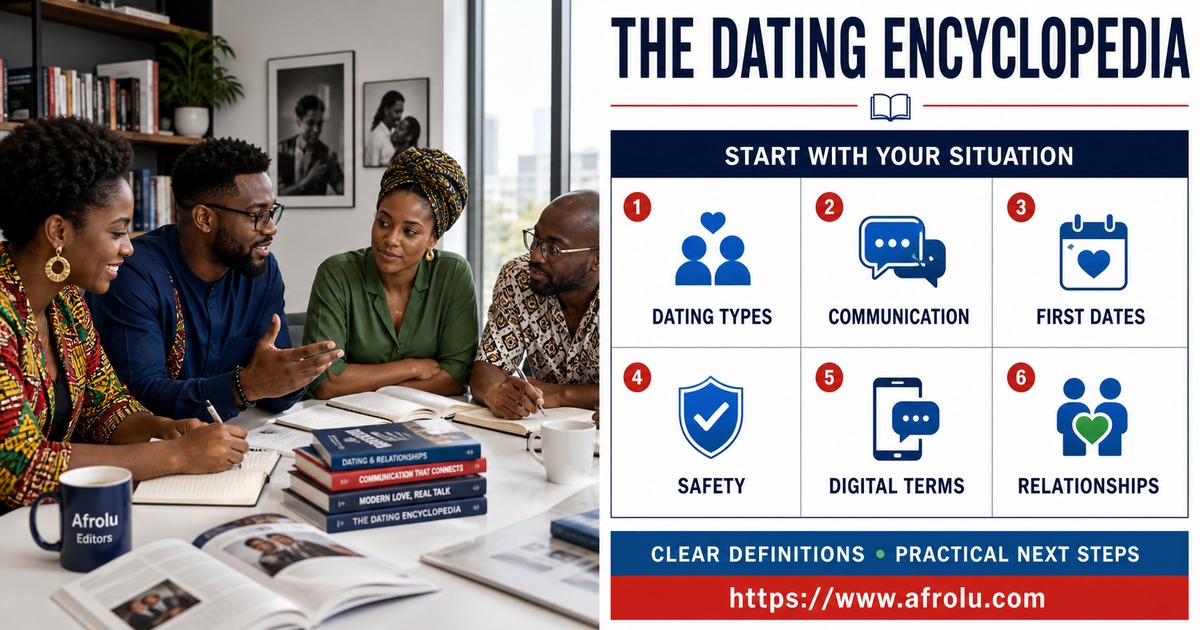 Afrolu dating encyclopedia map for dating types, communication, first dates, safety, digital terms, and relationships