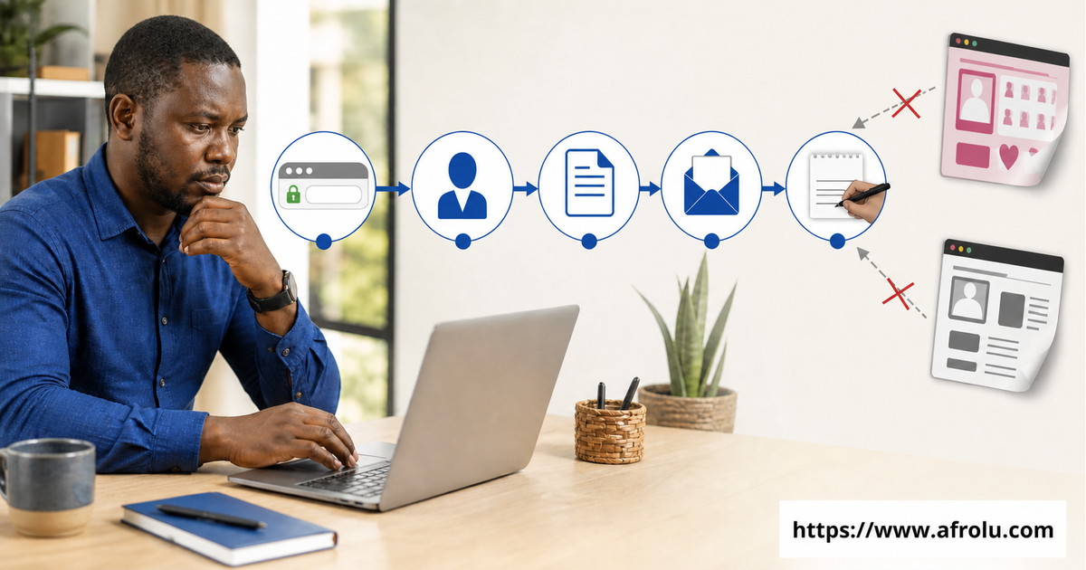 A Kenyan browser provenance chain connects the typed HTTPS domain to the named operator, current terms, privacy contact and dated access note while ads and clones stop outside the chain