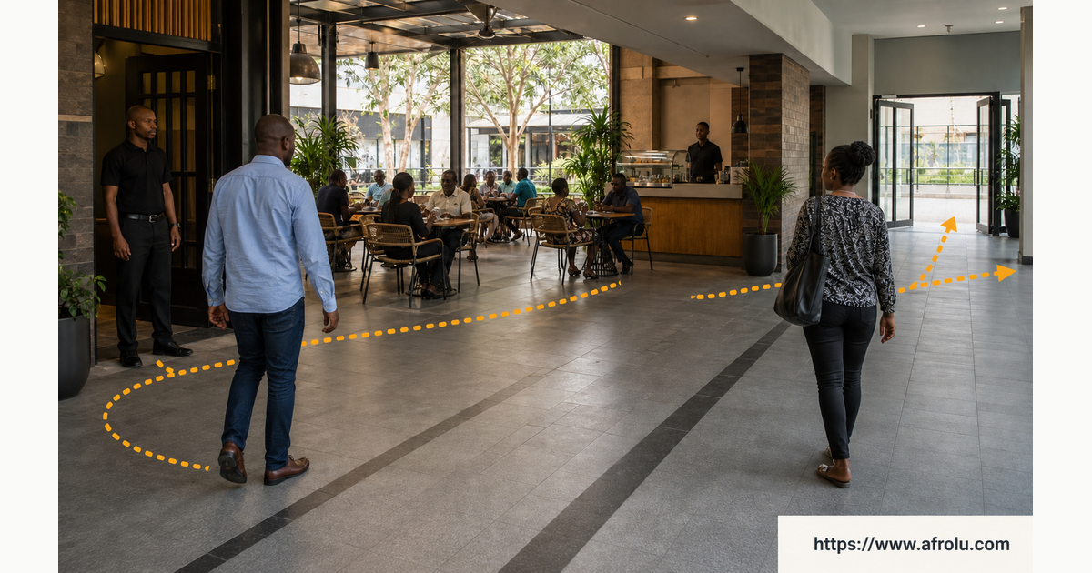 A first-date setting audit traces a staffed entrance, occupied meeting zone, visible staff point and two independent exits without naming or certifying a venue