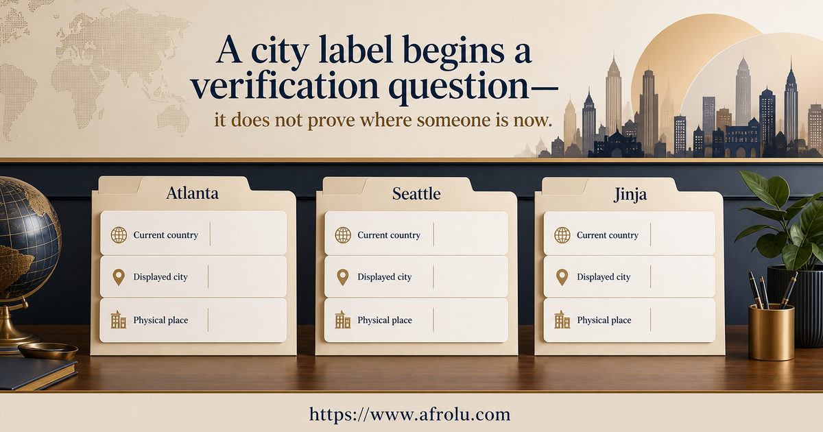 Three passport-style folders separating current country displayed city and physical place for Atlanta Seattle and Jinja