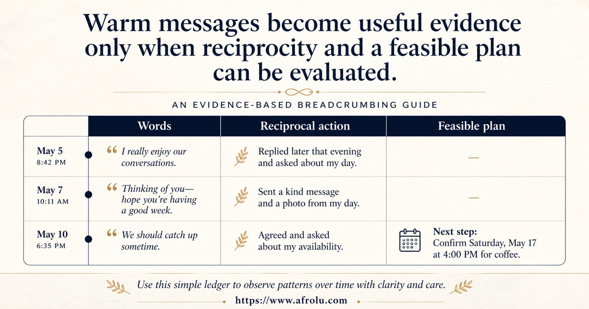 Three-column relationship ledger comparing affectionate words reciprocal effort and a feasible long-distance plan over time
