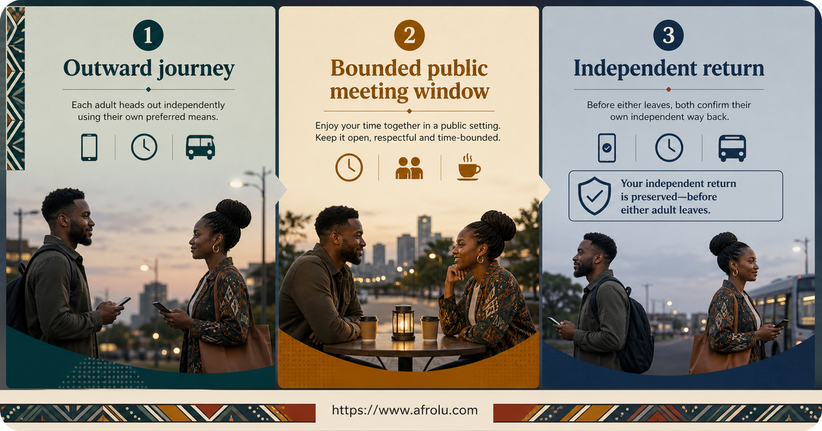 Foldout card separating outward journey meeting window and independent after-work return in Nairobi