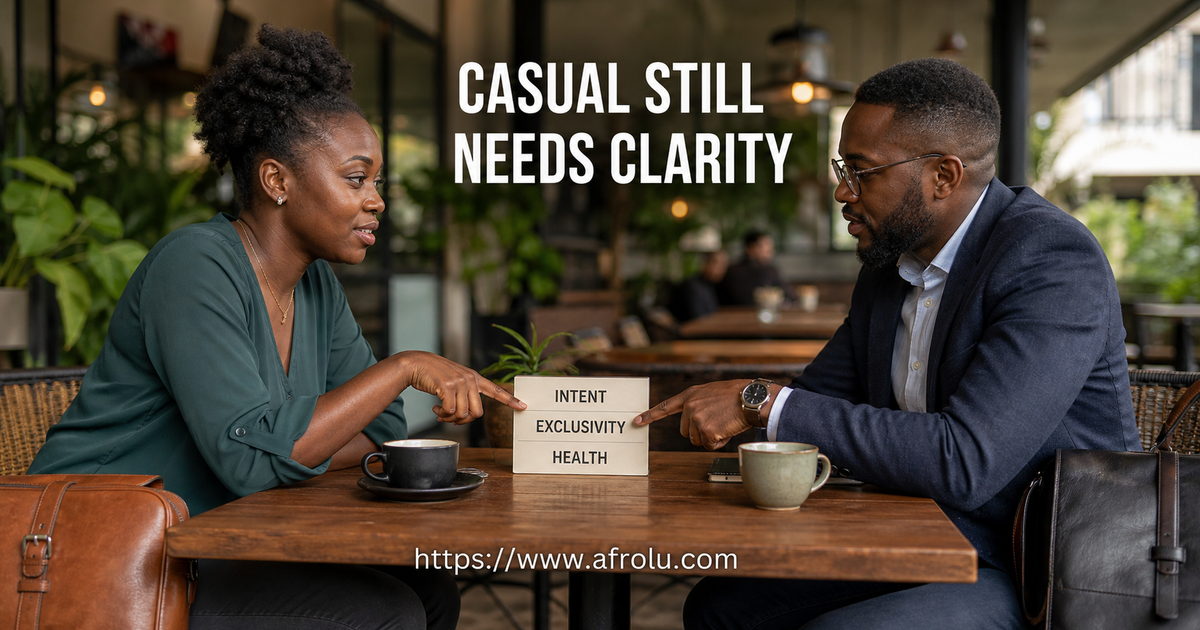 Two adults discuss intent exclusivity and health boundaries during a calm public conversation