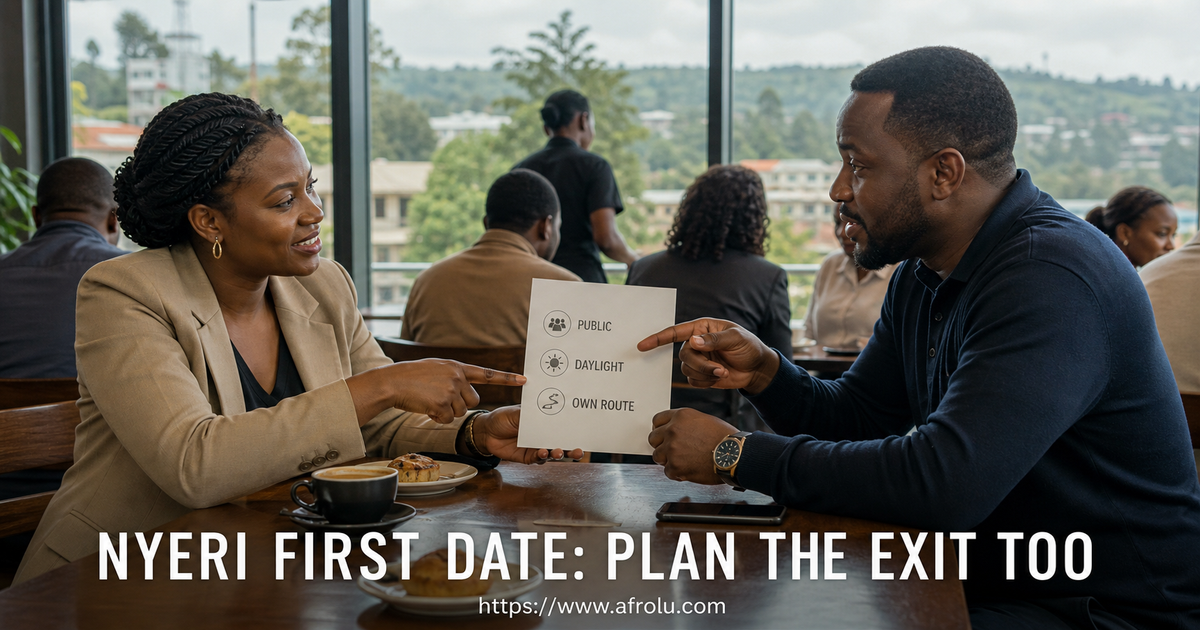 Two adults choose a public daylight meeting and their own return route in a busy Nyeri cafe