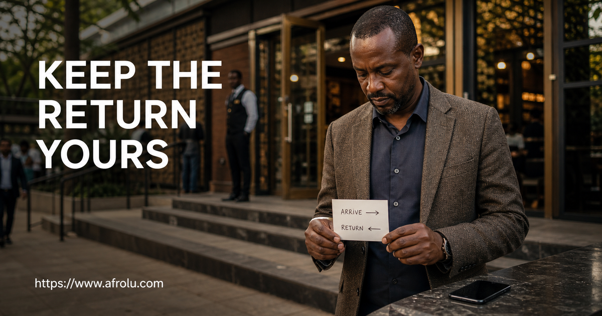 Kenyan father checks separate arrival and return directions outside a staffed public venue