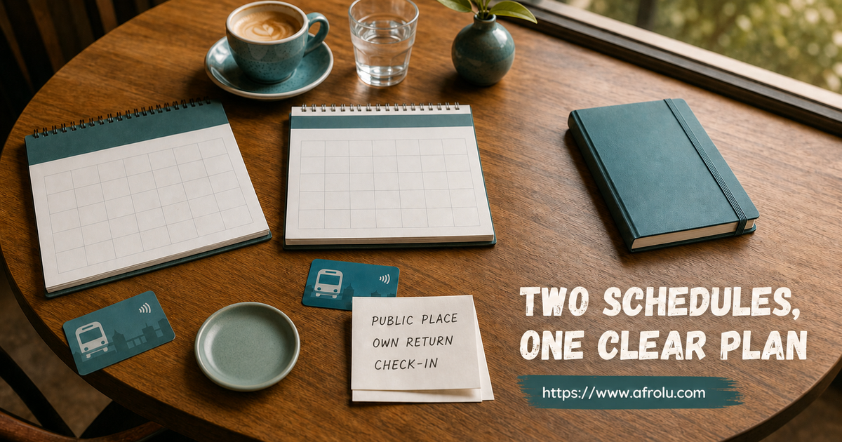Two blank calendars remain separate from a public-place own-return and check-in date card