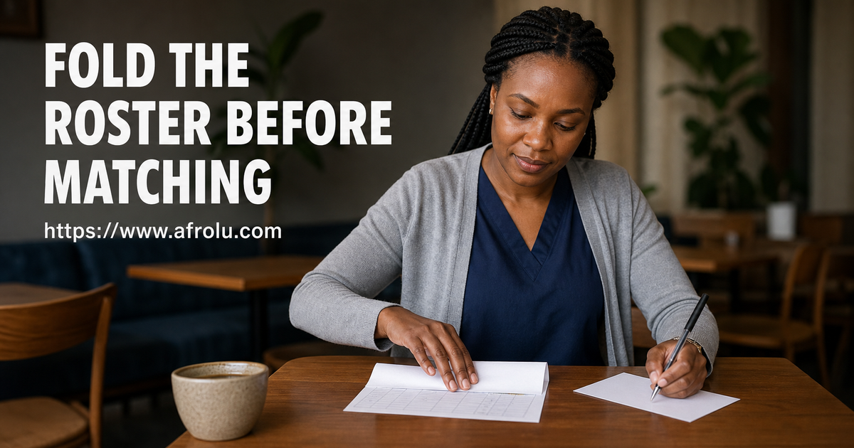 Kenyan nurse in adult professional clothing closes a private roster while writing broad dating availability