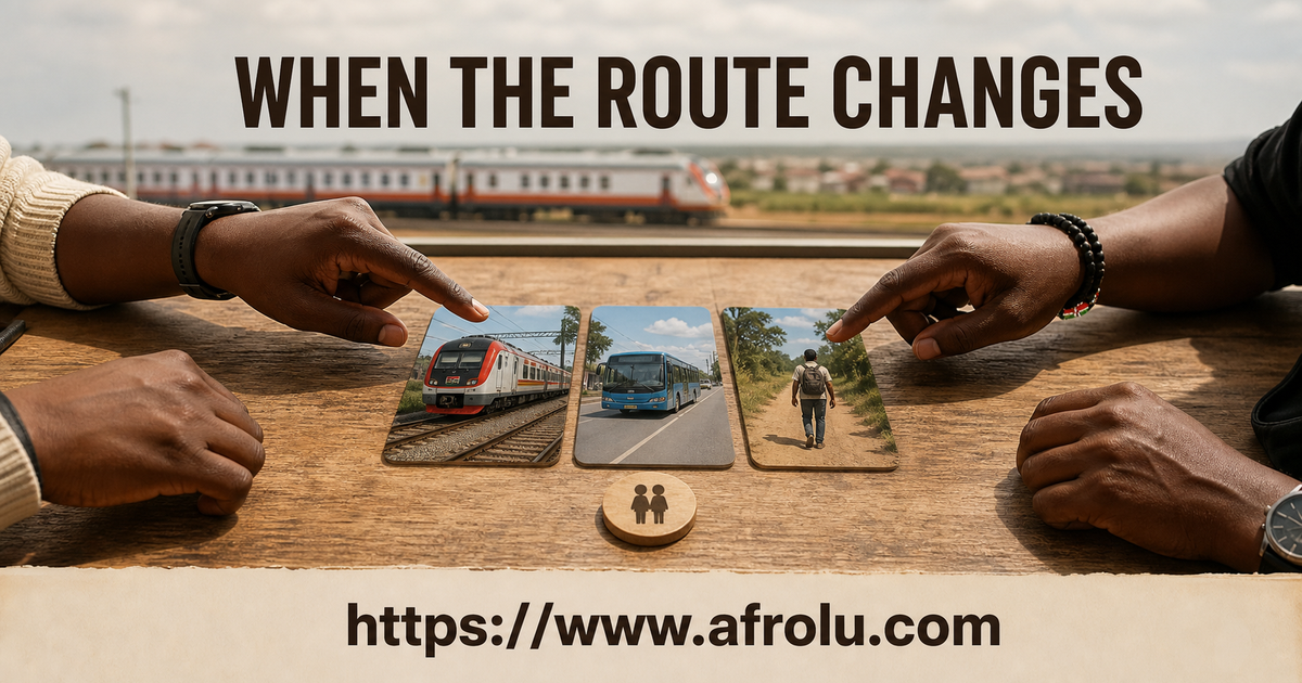 Two Kenyan adults compare rail road and own-return date plans on a Syokimau mobility switchboard