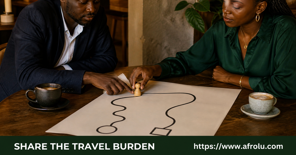 Two adults move a meeting marker between unequal Syokimau travel routes until both journeys remain manageable