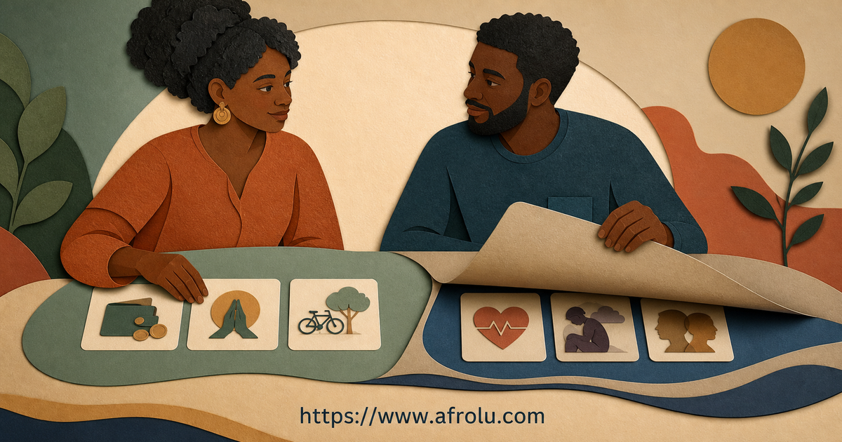 Two adults sort ordinary values logistics money faith health and trauma topics by first-date permission and relevance