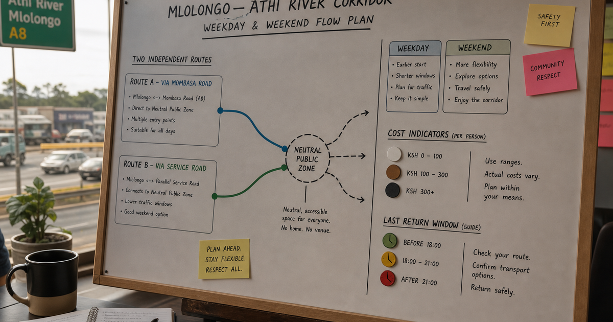 Mlolongo and Athi River daters compare weekday travel public meeting zone cost and separate returns across one ordinary week
