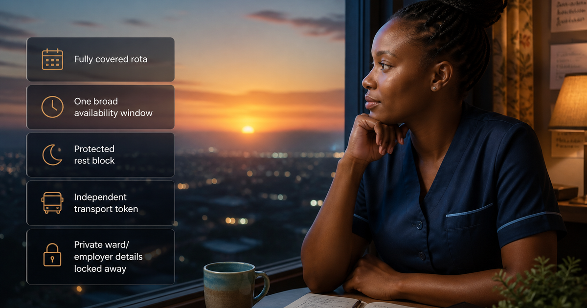 Kenyan nurse shares one broad availability window while shielding ward employer commute and recurring night-shift pattern