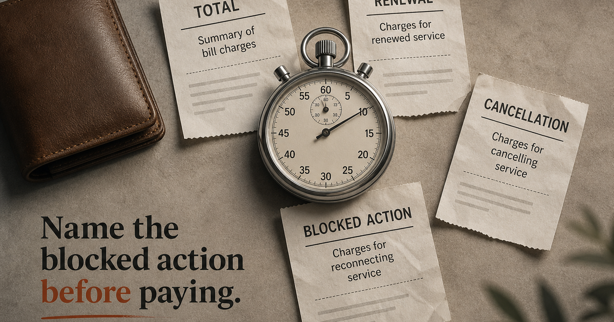 Kenyan county-town reader places subscription total renewal cancellation and one blocked action around a payment stopwatch