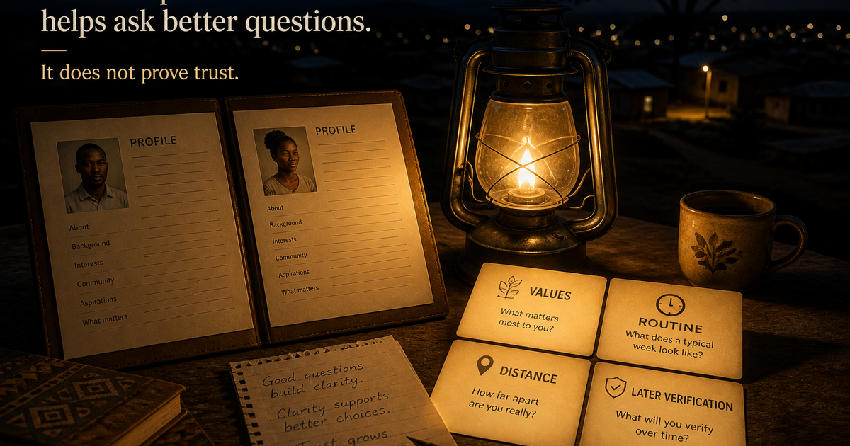 Small-town Kenyan dater shines a lantern through eHarmony and AfroIntroductions profile claims toward values routine distance and verification questions