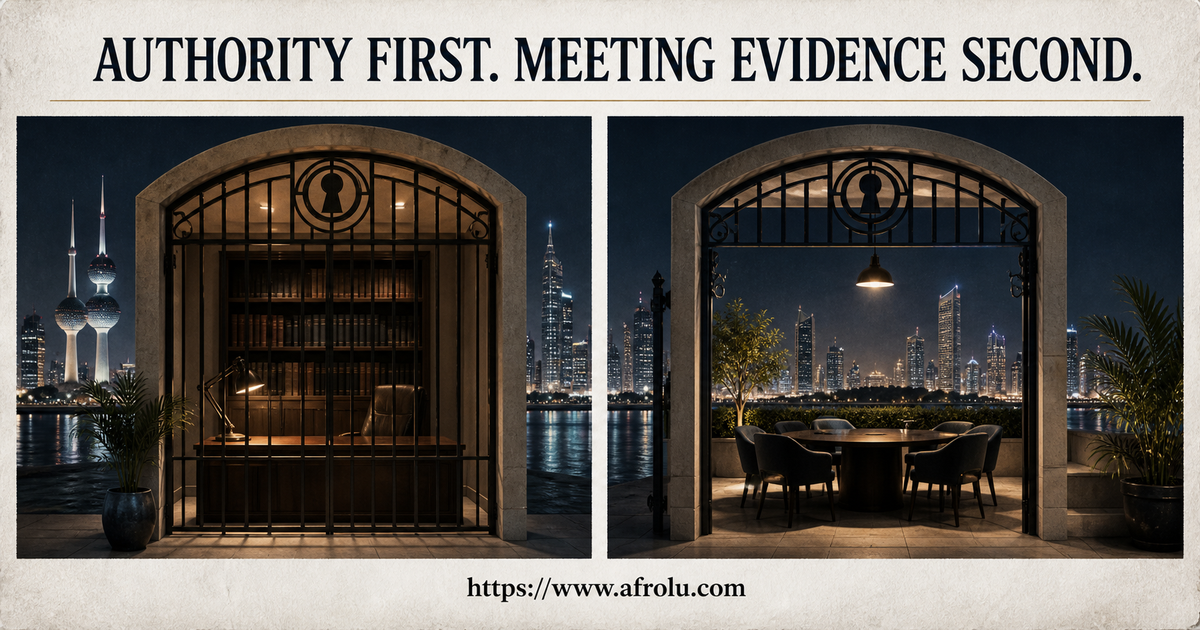 Two-gate Kuwait City dating illustration separating authoritative guidance from a public meeting plan