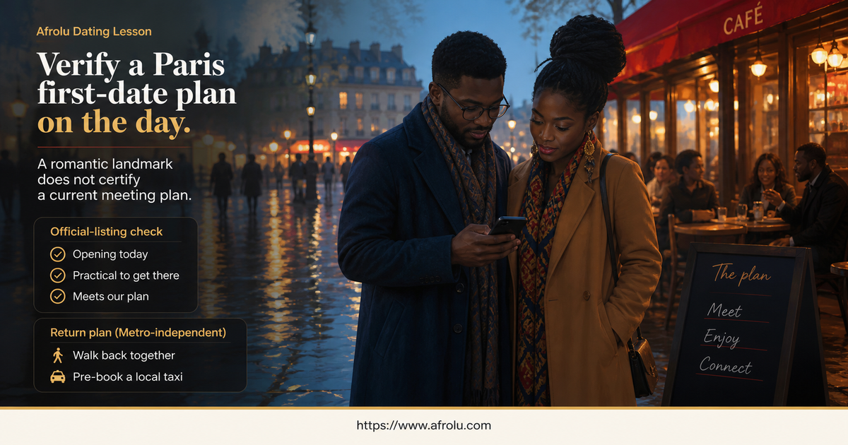 Current-check card for a Kenyan adult planning a public first date in Paris