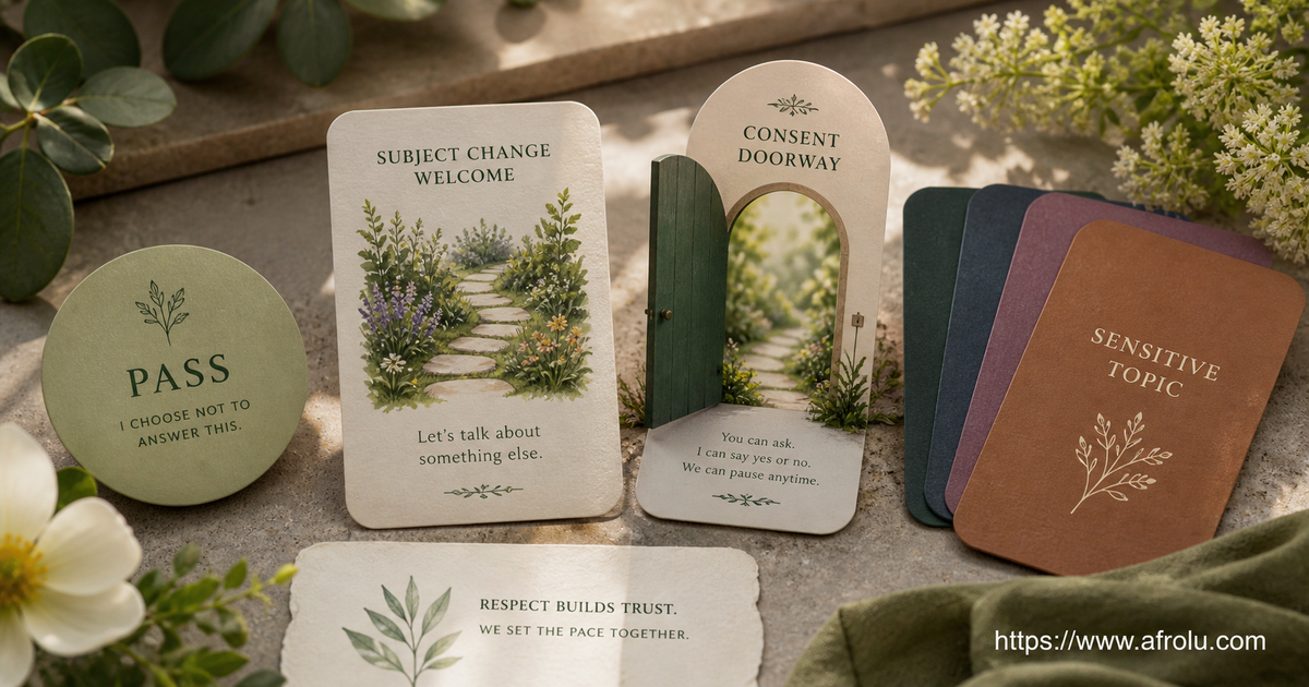 First-date pass card beside sensitive topics and an open subject-change route