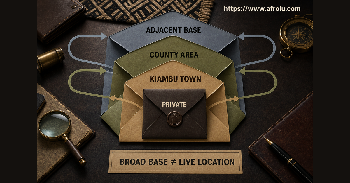 Three Kiambu location envelopes separating town county and adjacent base from a private home