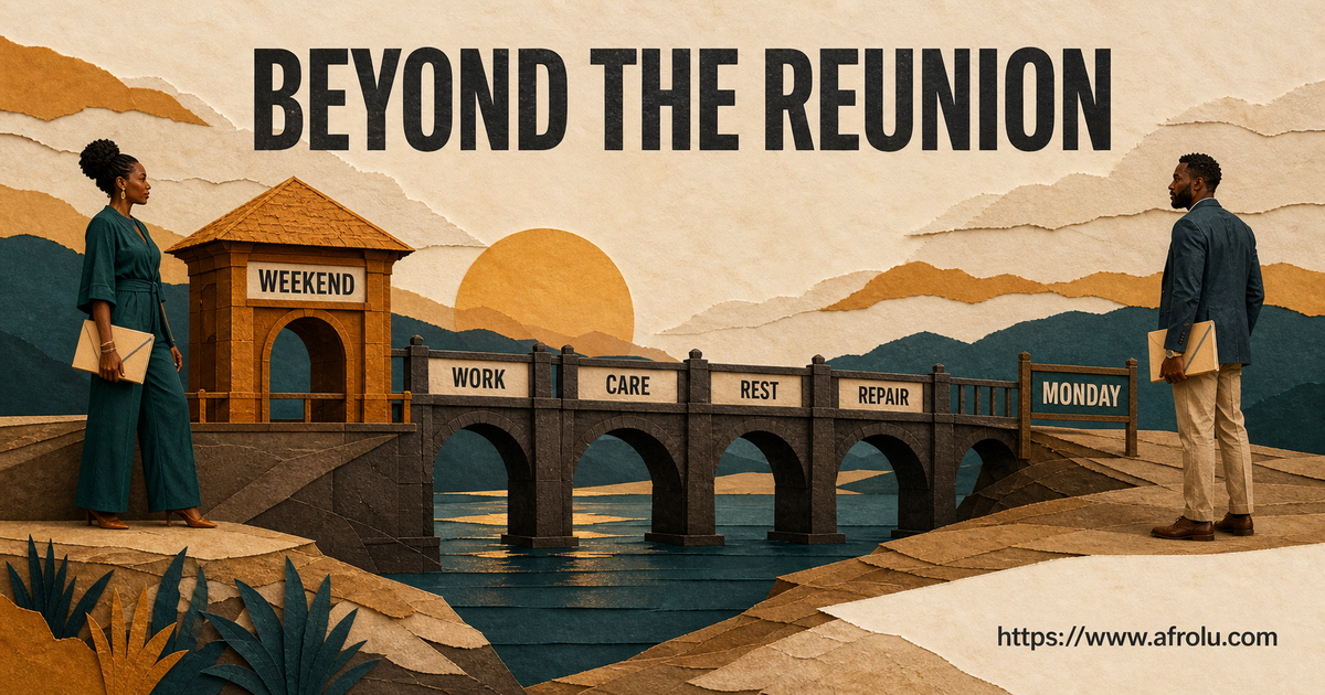 Two Black African adults map a long-distance relationship from a bright reunion weekend across work, care, rest and a disrupted Monday