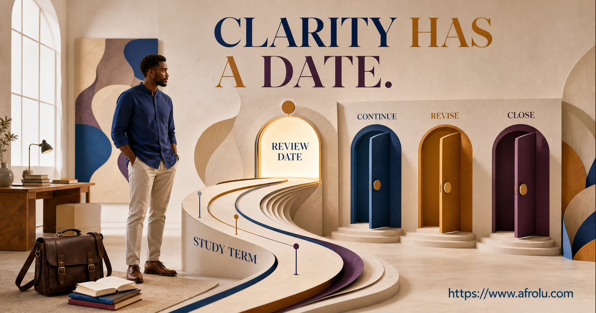 A 25-plus adult student closes a study term at a dated clarity window with continue, revise and close choices
