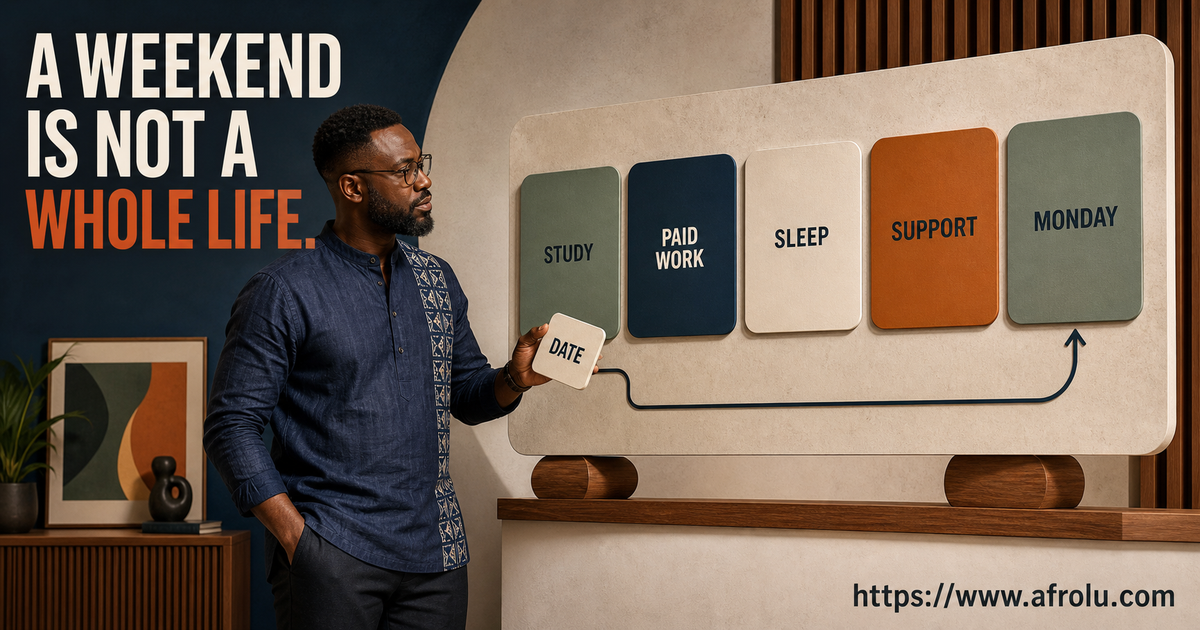 An adult student aged over 25 balances one date block against study, paid work, sleep and Monday recovery