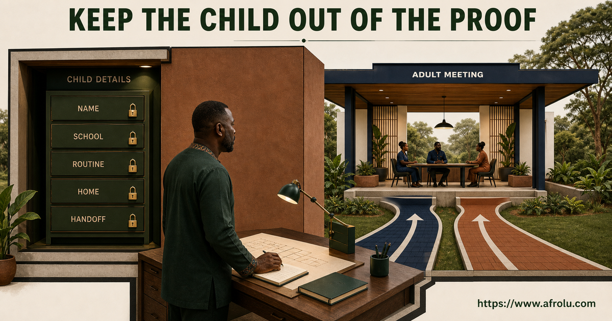 A Black African parent keeps a child-information archive behind a privacy wall while planning an adult-only public date