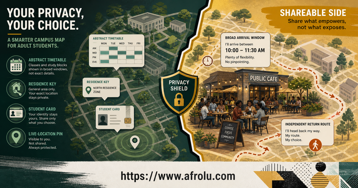 Adult student dating-safety map showing which campus details stay private before a first meeting