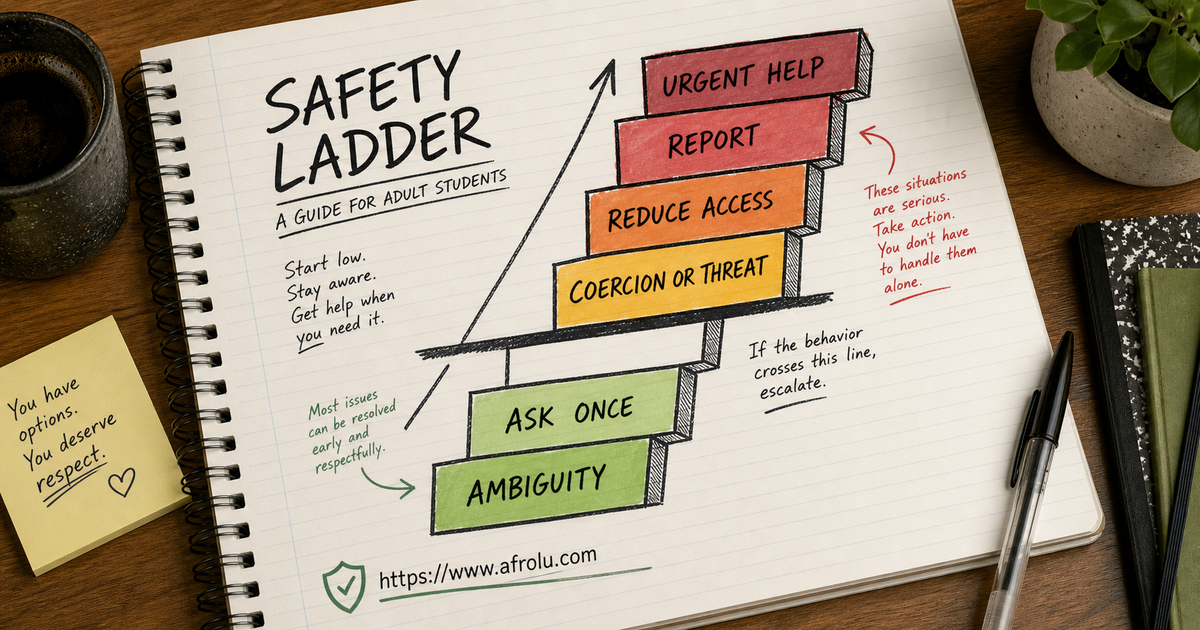 Adult student safety ladder moving from ambiguity to boundary, reduced access, report and urgent help