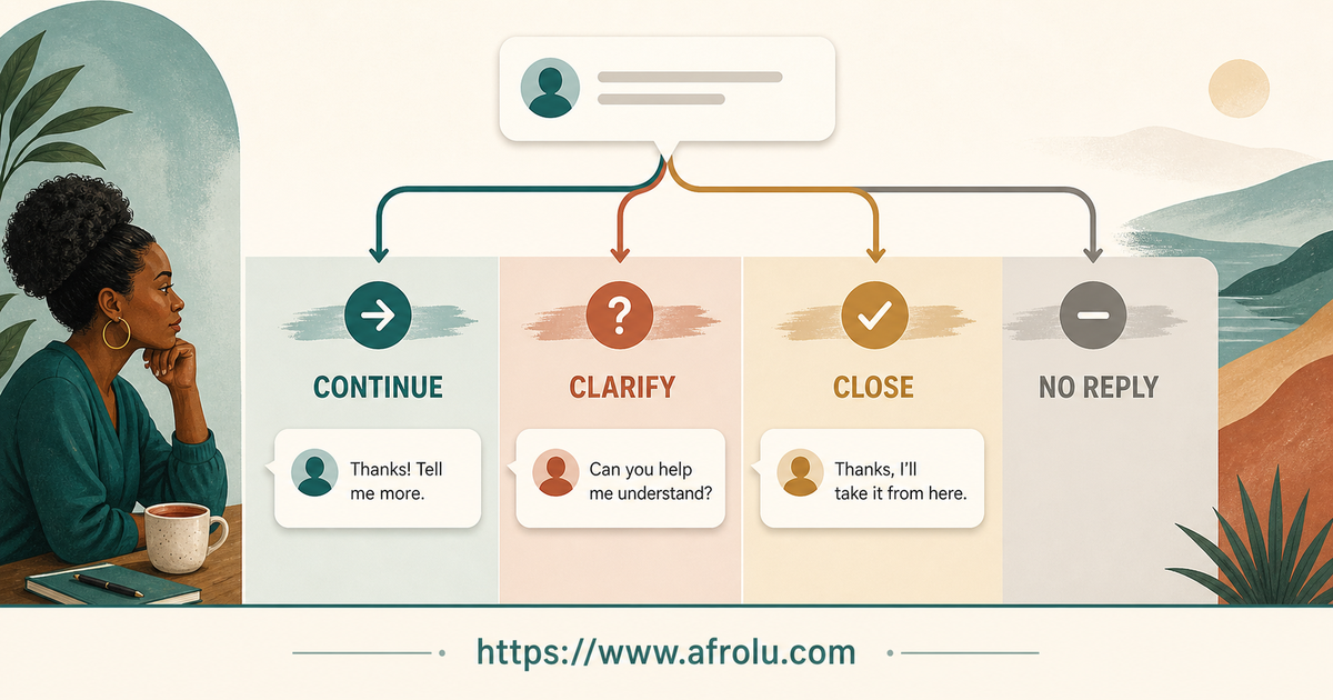Casual-but-honest first-message reply fork with continue, clarify and close options