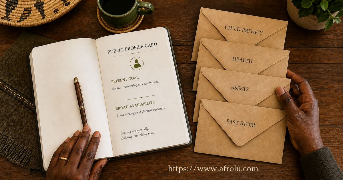 Over-40 dating notebook separating relationship goals from private life-context details