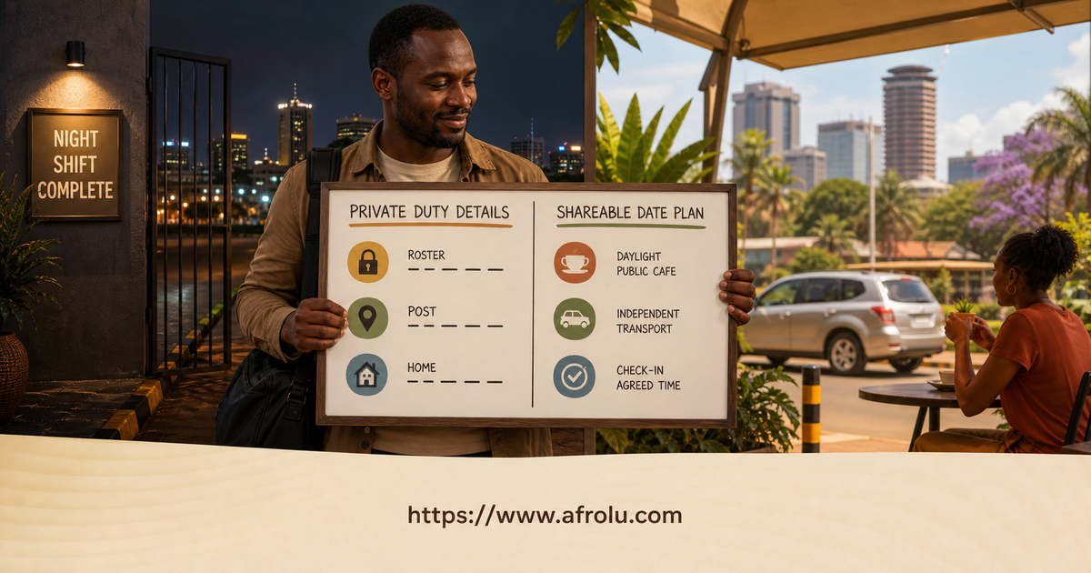 Illustrated shift handoff separating a Kenyan security professional's private duty details from a public first-date plan