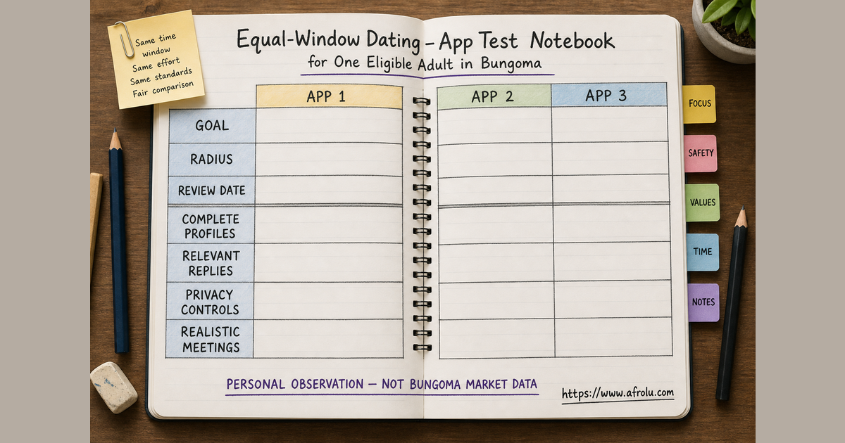 Brand-neutral Bungoma app-test notebook comparing relevant replies, privacy controls and realistic meetings over the same short window