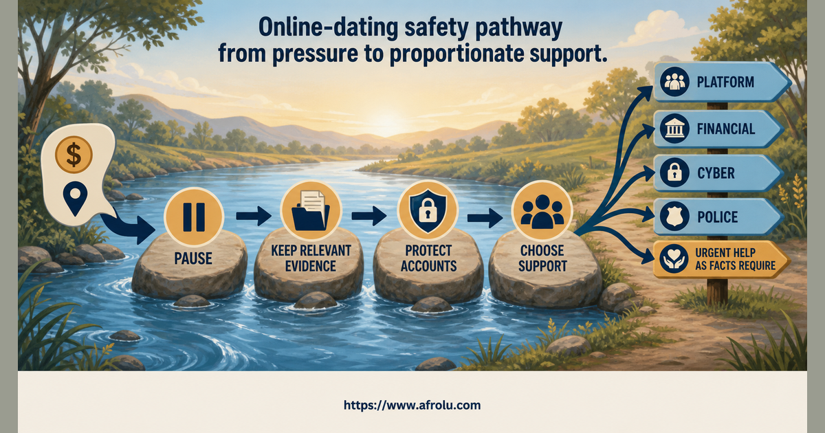 Bungoma dating safety route moving from money or privacy pressure to pause, evidence, account protection and appropriate support