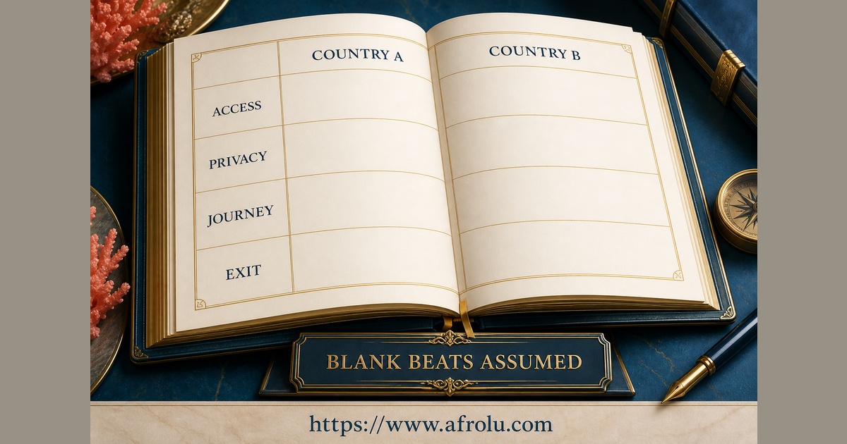Blank two-country worksheet comparing access, privacy, journey and exit without scoring