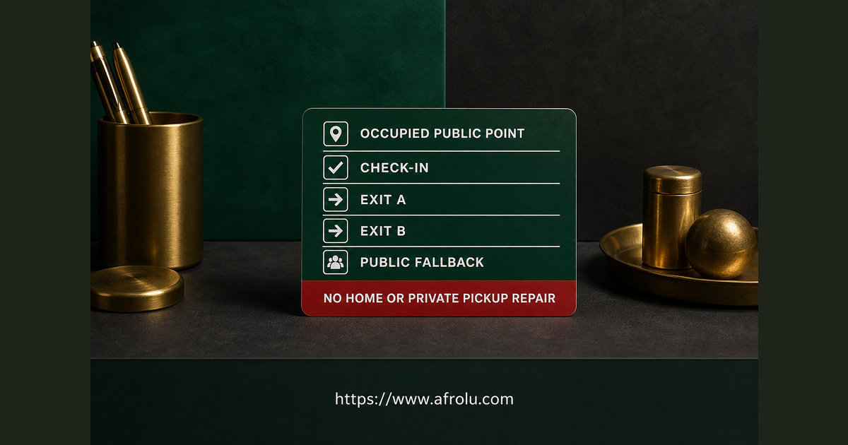 Komarock public-meeting card with occupied point, check-in, two exits and public fallback