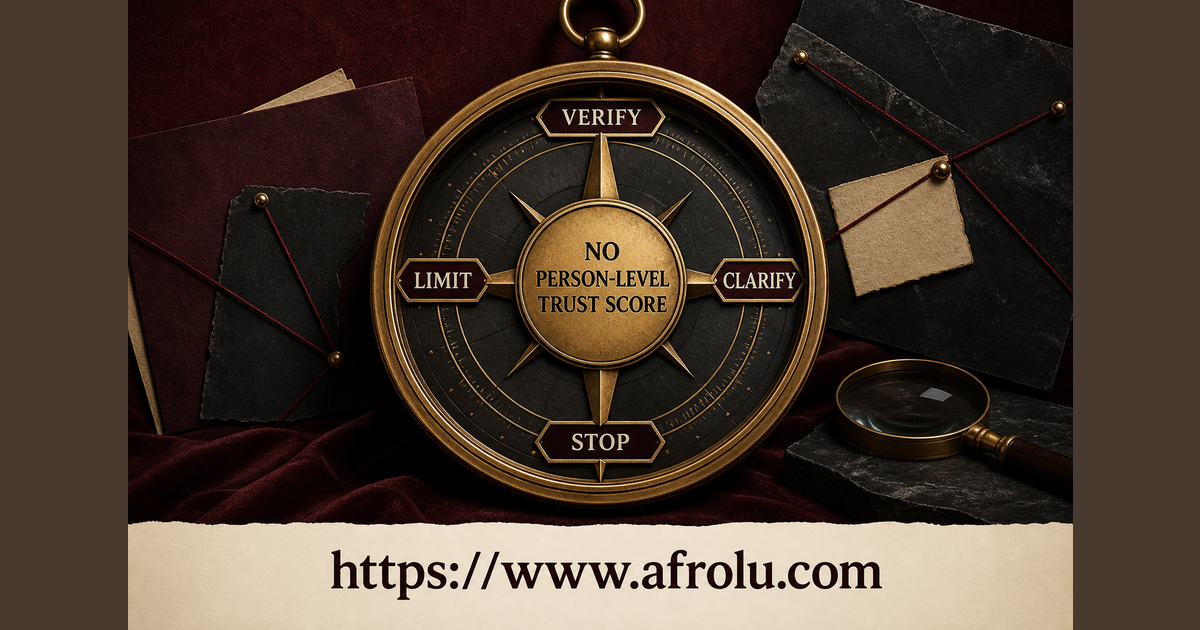 No-score profile trust compass pointing to verify, clarify, limit and stop