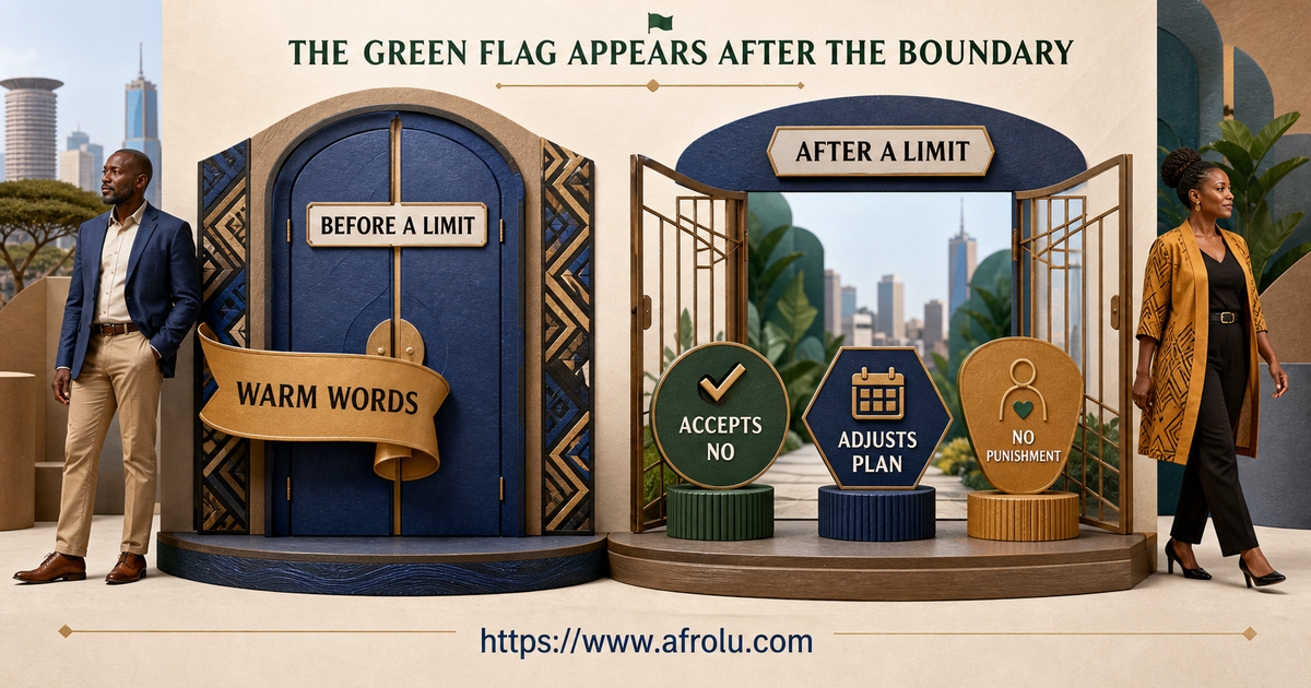 Boundary-response gate contrasting warm words before a limit with respectful conduct after it