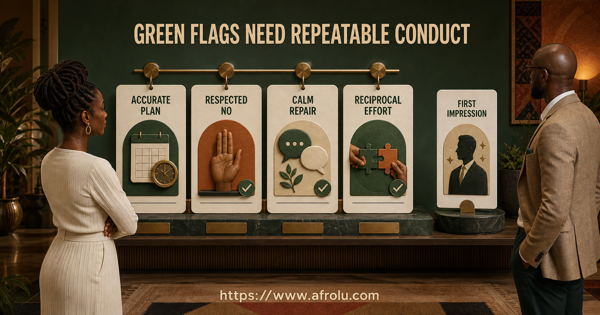 Mature Nairobi adults reviewing four repeatable green-flag behaviours after returning to serious dating