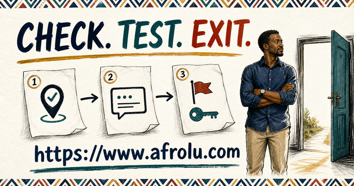 Adult Kenyan man follows a check, test and exit path before continuing with a dating product