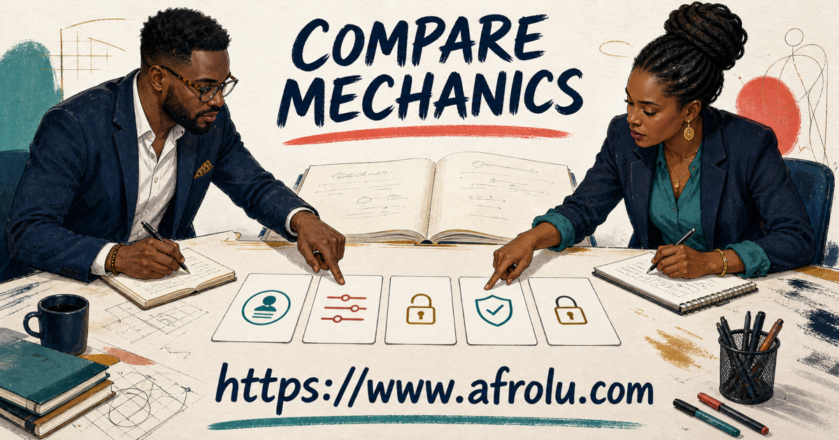 Two adult editors compare documented profile, search, payment, reporting and privacy mechanics on unbranded cards